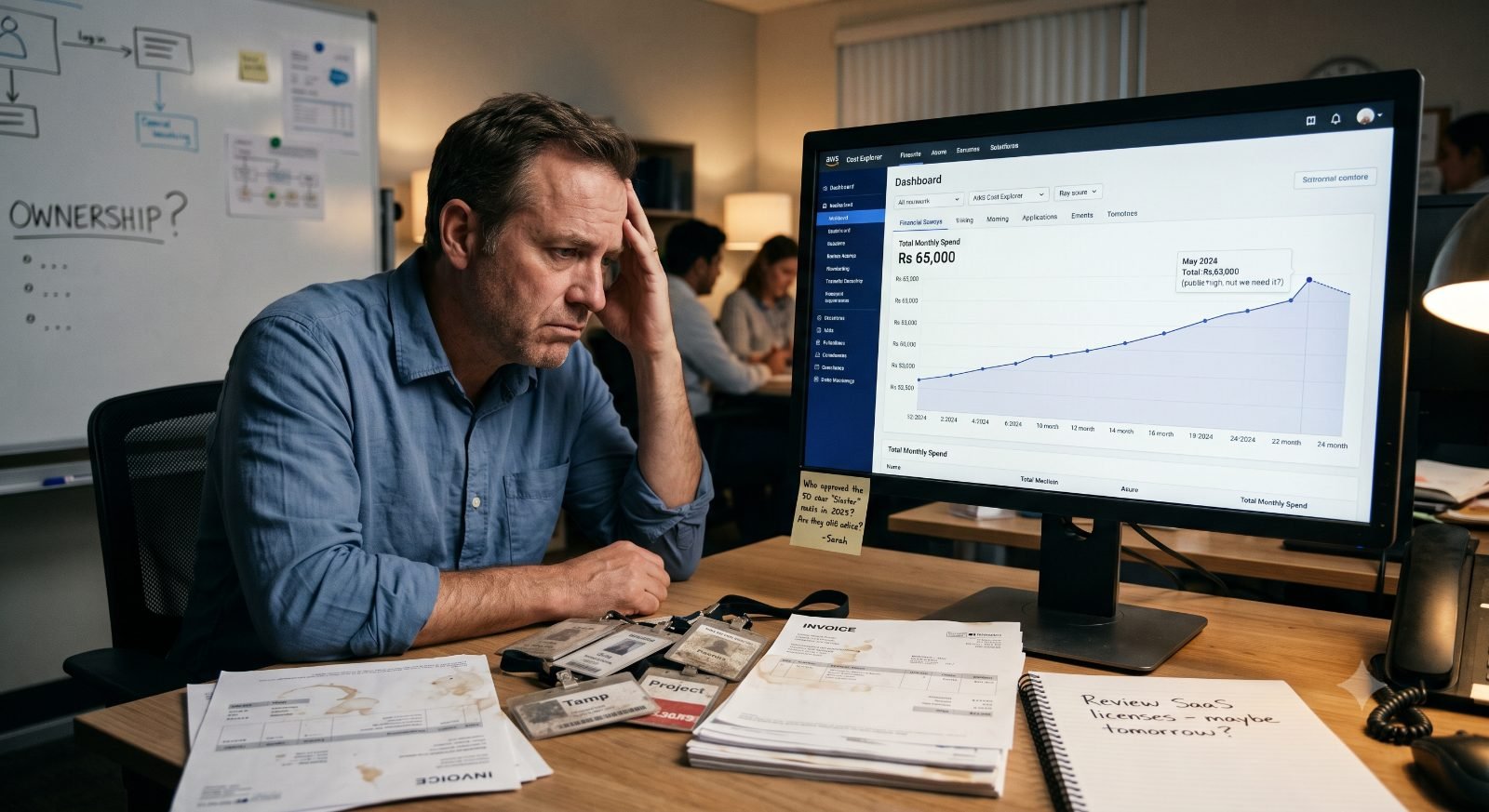 A manager studying a rising cloud spend chart on screen, surrounded by invoices and leftover staff access badges